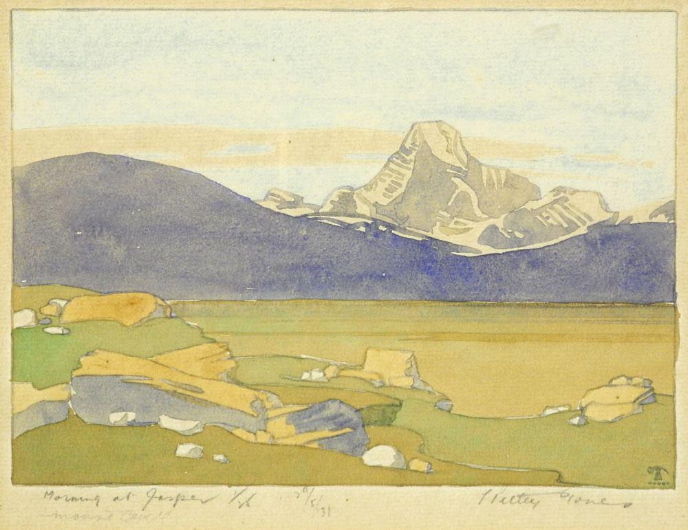 Mixed Media on Paper Signed Petley Jones, 6 1/2" x 8 3/8", "Morning at Jasper".: Mixed Media on Paper Signed Petley Jones, 6 1/2" x 8 3/8", "Morning at Jasper".