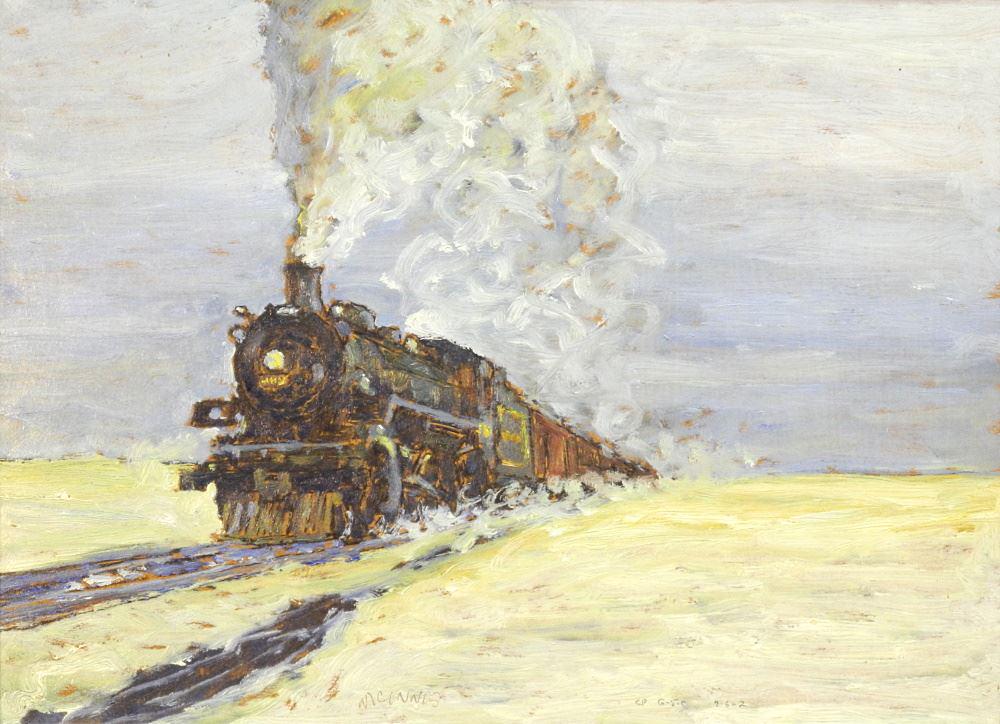 Oil on Panel Signed McInnis & Inscribed G-5C 4-6-2, 12" x 16", "Leaving Gull Lake Sask".: Oil on Panel Signed McInnis & Inscribed G-5C 4-6-2, 12" x 16", "Leaving Gull Lake Sask".