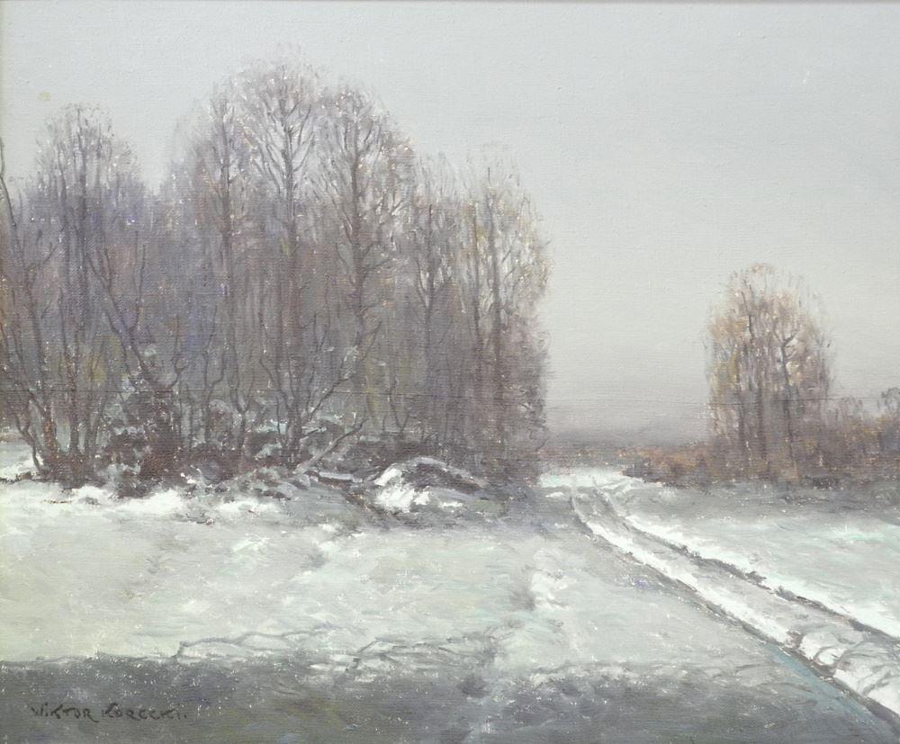 Oil on Board Signed Wiktor Korecki, 19 1/4" x 23", "Evening Snow Scape". (1 of 5)