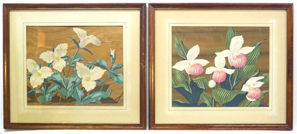 2 Serigraphs on Veneer Signed A.J. Casson, 9 1/4" x 11 1/4", "Moccasin" & Trillium", Split Noted. (1 of 8)