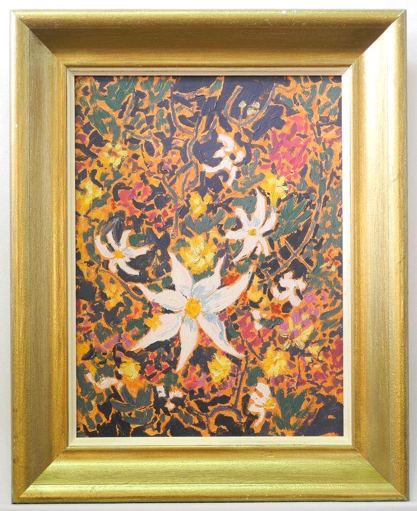 Oil on Masonite signed J.A. MacLean verso, 15 1/4" x 11 1/4", "Floral Study".: Oil on Masonite signed J.A. MacLean verso, 15 1/4" x 11 1/4", "Floral Study".