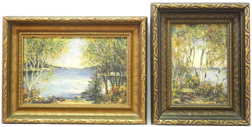 2 Oil on Masonite one signed R. (Robert) G. Harris, 5 5/8" x 8 1/2", "Lakes". (1 of 8)
