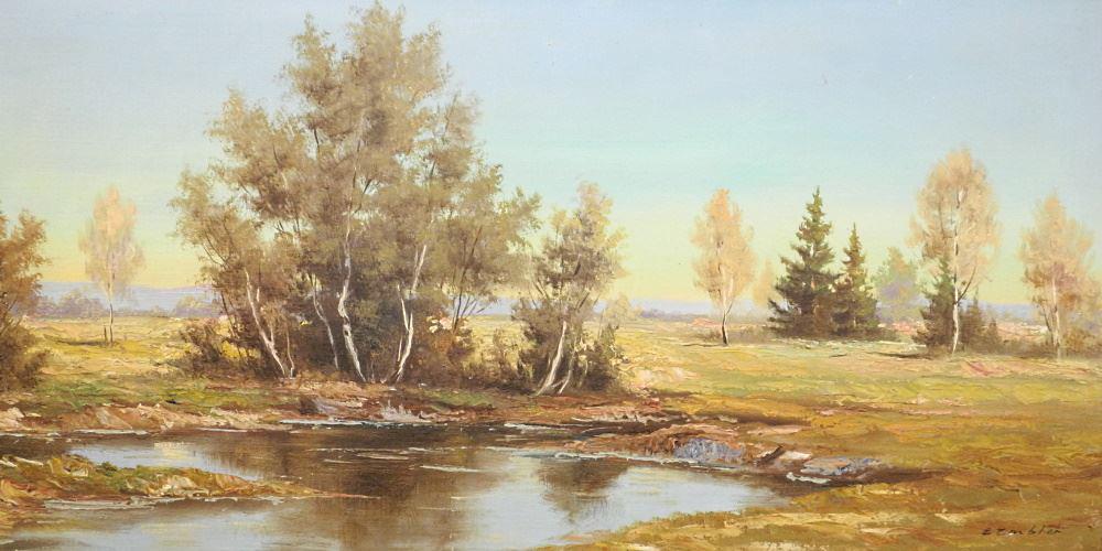 Oil on Masonite signed E. Embler, 15 1/2" x 31 1/2".: Oil on Masonite signed E. Embler, 15 1/2" x 31 1/2".