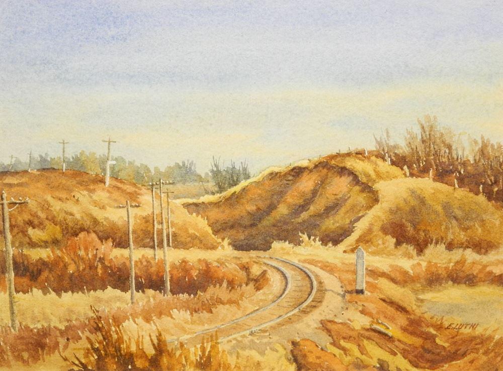 Watercolour Signed E.(Ernest) Luthi, 11" x 14 3/4", "Rail Crossing Punnichy, SK".: Watercolour Signed E.(Ernest) Luthi, 11" x 14 3/4", "Rail Crossing Punnichy, SK".