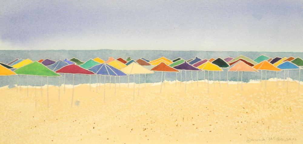 Watercolour Signed Dawna McGowan, 7" x 14", "Beach Umbrellas". (1 of 4)