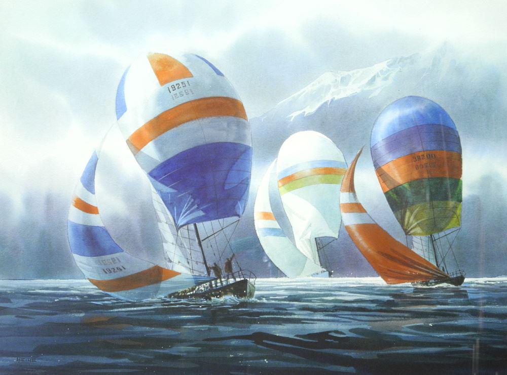 Watercolour signed (Harry) Heine, 18 3/4" x 27", "Three Sailboats". (1 of 4)