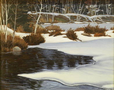 Oil on Panel Signed K.F.(Kenneth) Martin '78, 8" x 10", "Open Water at Rushing River".: Oil on Panel Signed K.F.(Kenneth) Martin '78, 8" x 10", "Open Water at Rushing River".