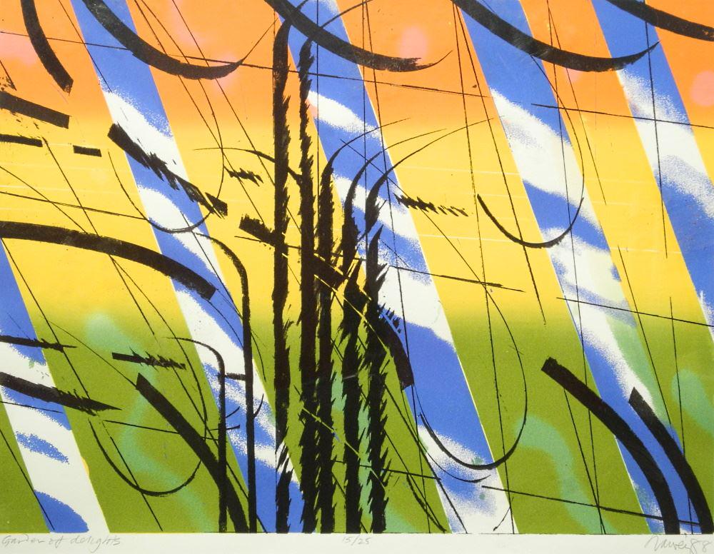 Serigraph Signed (Don) Harvey '88, 3/4' x 24 3/8", "Garden of Delights" #15/25, Glazing cracked. (1 of 4)