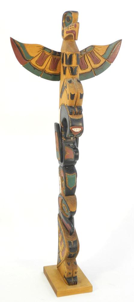 Quatsino BC Model Totem Pole Signed Louis Joseph, 28"H, "Eagle, Whale, Raven".: Quatsino BC Model Totem Pole Signed Louis Joseph, 28"H, "Eagle, Whale, Raven".