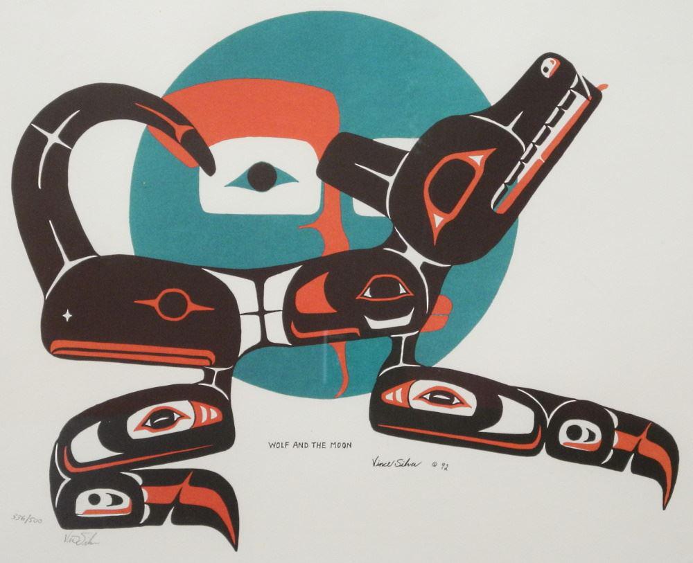 Northwest Coast Serigraph Signed Vince Silver, 16 1/2" x 21 1/2", "Wolf & The Moon", 336/500 (1 of 3)