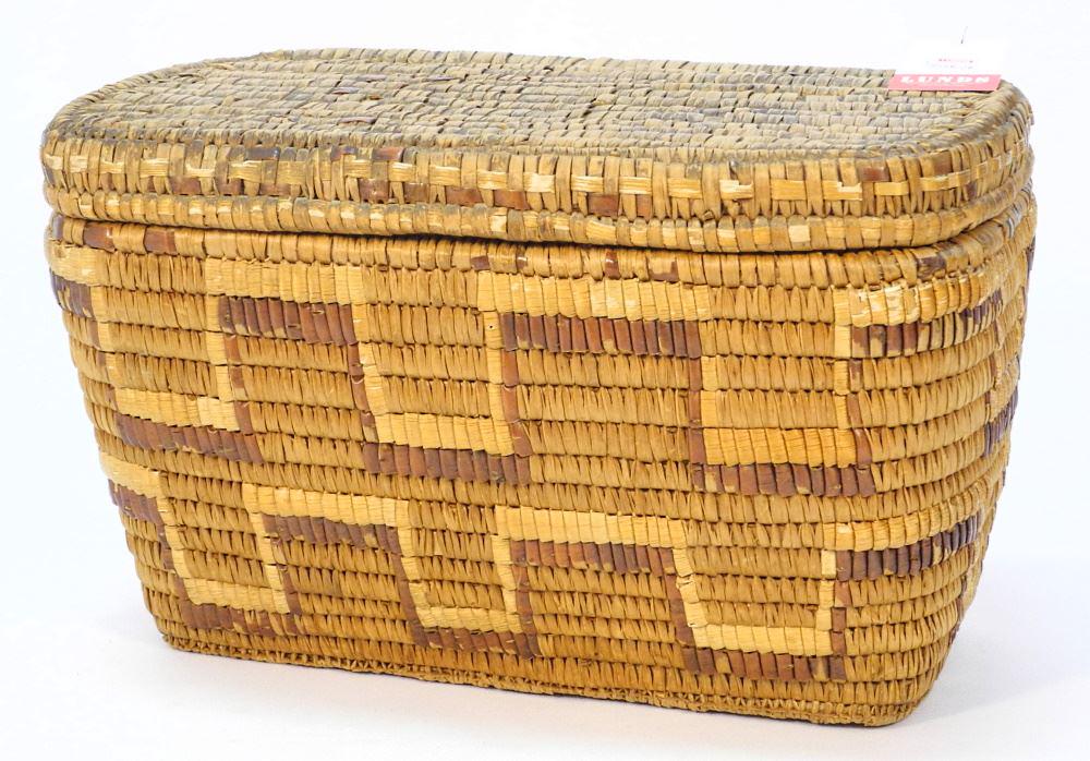 Salish Imbricated Oblong Covered Basket, 8 1/8" x 13 1/4" x 8 5/8". (1 of 2)