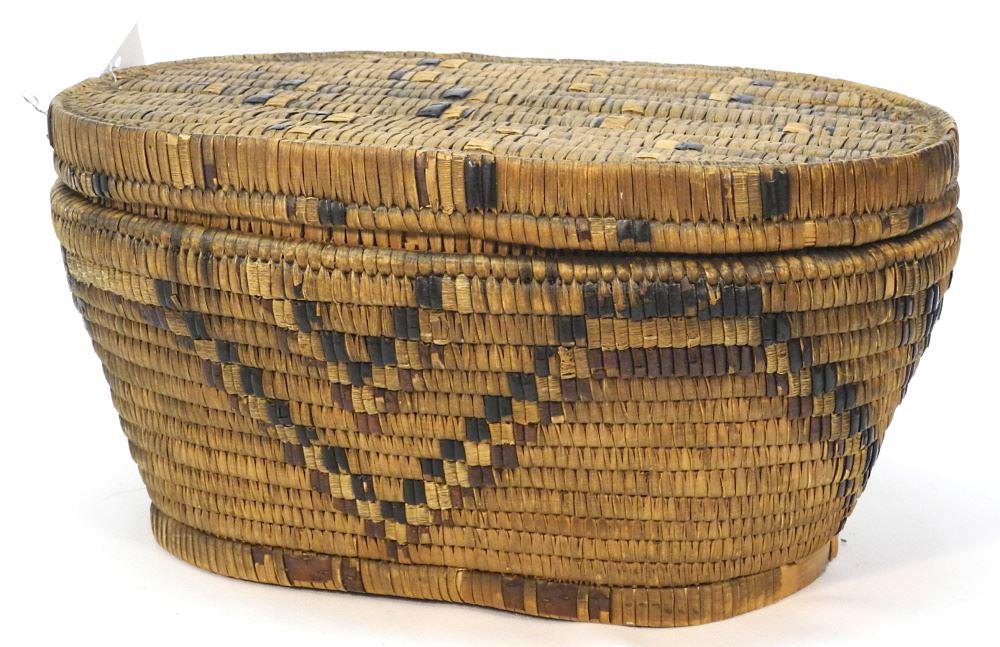Salish Imbricated Oval Covered Basket, 7 1/2" x 15" x 9 5/8". (1 of 2)