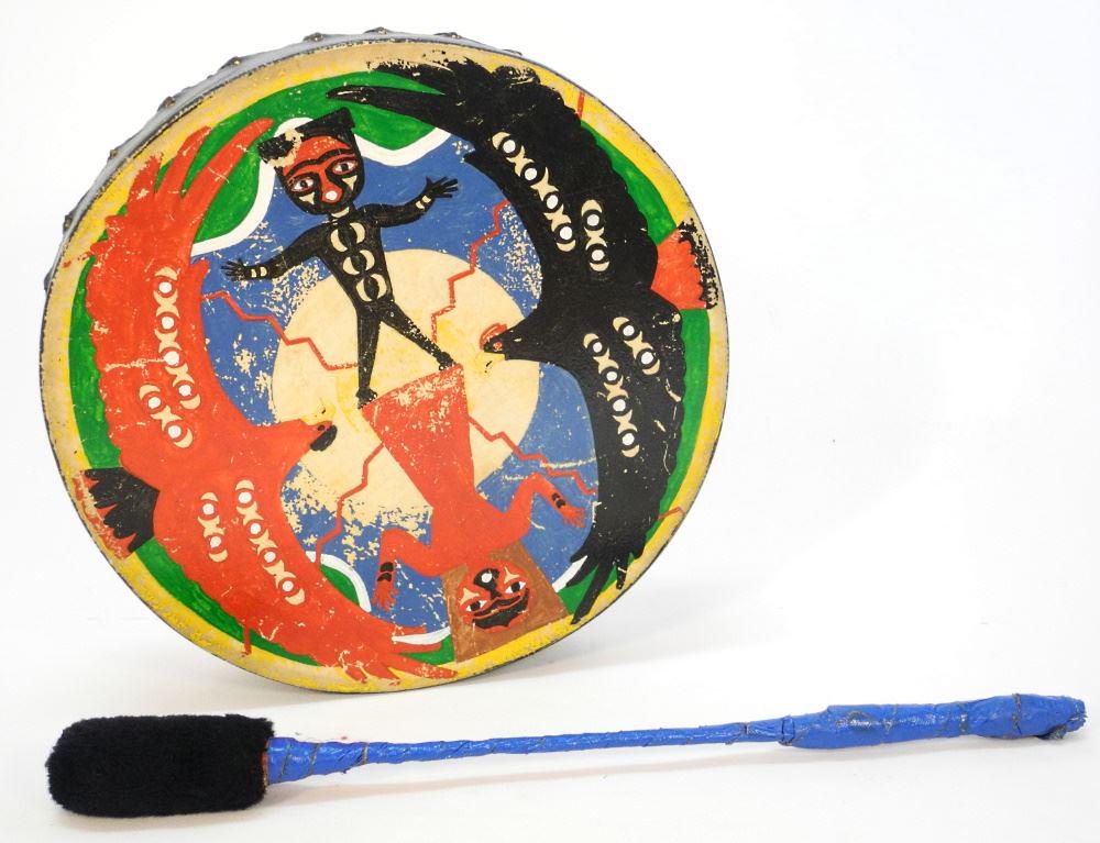 Salish Hand Painted Hide Drum & Beater, 14" Diameter & 20" Length. (1 of 3)
