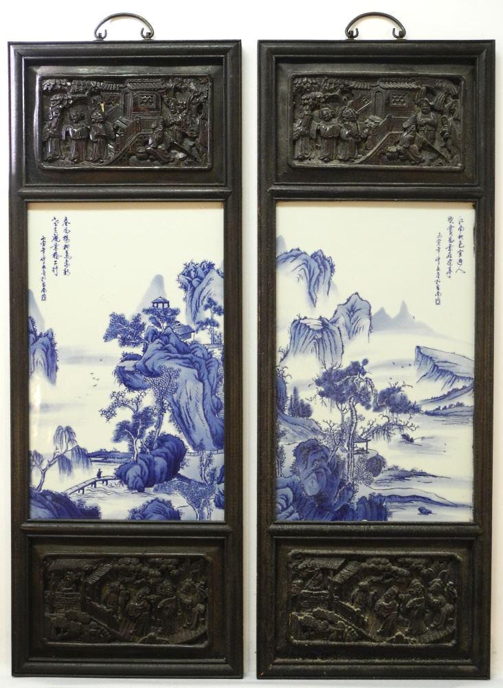 2 Chinese Blue & White Framed Porcelain Plaques, 33" x 12". (1 of 3)
