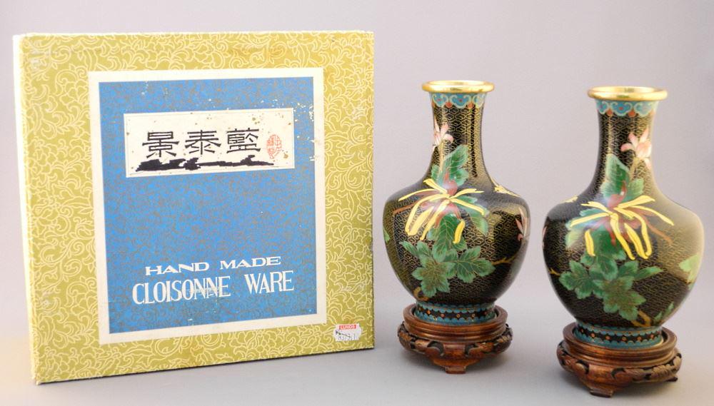 Pair of Black Ground Cloisonne Vases with Stand in Fitted Case, 6 1/2"H. (1 of 4)