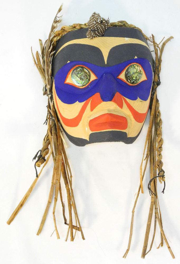 Portrait Mask Signed Sean Leo Campbell River, 7 1/2"H, Feathers Noted, No Export. (1 of 2)