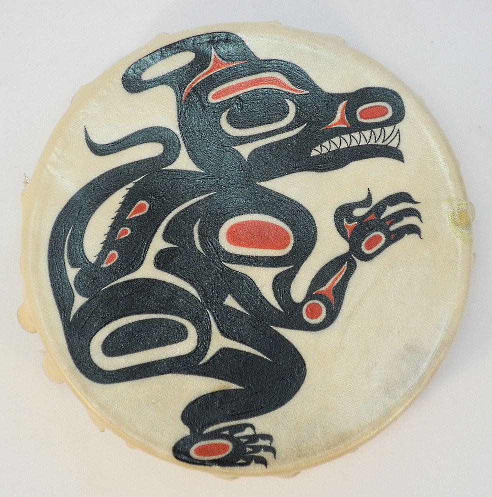 Hide Drum with Tom Signed Michael Hunt 2013 (12"D), Painted By Ron LaRochelle Aug.25-2013. (1 of 2)