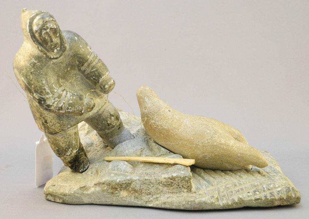 Inuit Stone Diorama, Seal Hunting Scene, 8" Length.: Inuit Stone Diorama, Seal Hunting Scene, 8" Length.