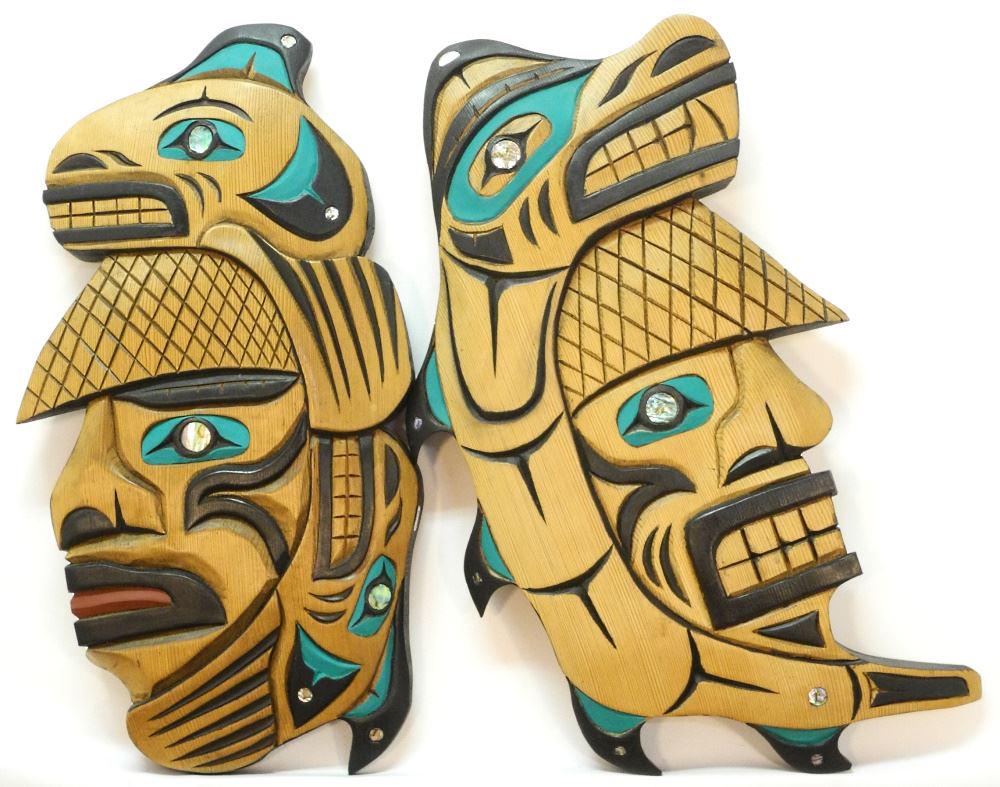 Pair of Nuu-Chah-Nulth Portrait Plaques, Signed George Nookemus'05, Inlaid Cedar, 27" x 16". (1 of 3)