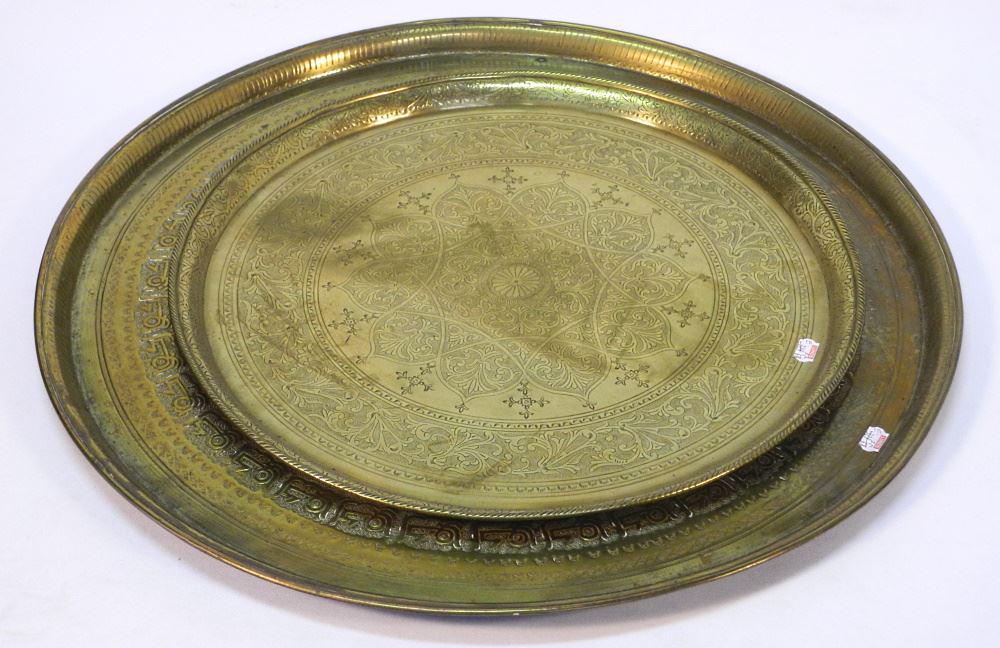 2 Middle Eastern Brass Chargers, 17 1/4" & 22 1/2" diameter. (1 of 2)