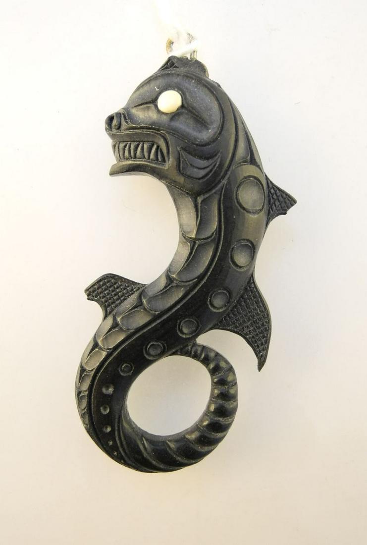 Argillite Pendant Monogrammed L.W., Condition Noted, 2" High.: Argillite Pendant Monogrammed L.W., Condition Noted, 2" High.