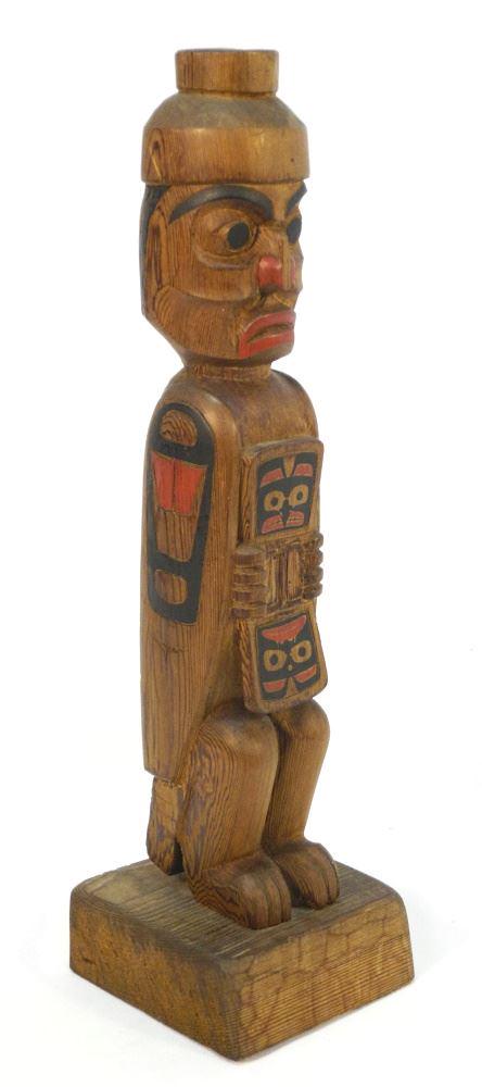 Salish "Hawk Women" Figure Signed Indistinctly & Dated 1985, Painted Cedar, 21 5/8" High.: Salish "Hawk Women" Figure Signed Indistinctly & Dated 1985, Painted Cedar, 21 5/8" High.