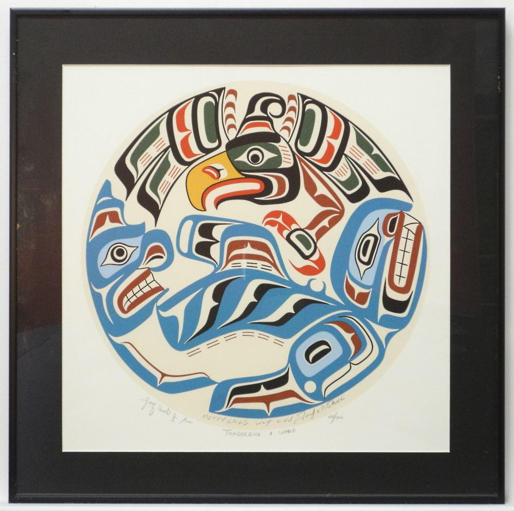 Kwagiulth Serigraph Signed Tony Hunt Jr 2001, 15" x 15", "Thunderbird & Whale", #133/200.: Kwagiulth Serigraph Signed Tony Hunt Jr 2001, 15" x 15", "Thunderbird & Whale", #133/200.