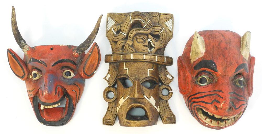 3 South American Carved Wood Masks, 10" - 12" High. (1 of 1)