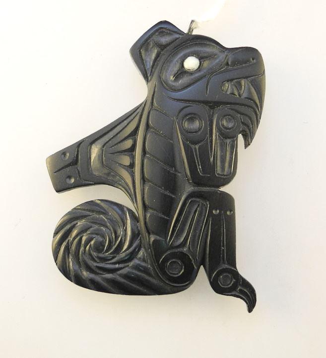 Argillite "Sea Monster" Pendant Signed R. Russ, 2".: Argillite "Sea Monster" Pendant Signed R. Russ, 2".