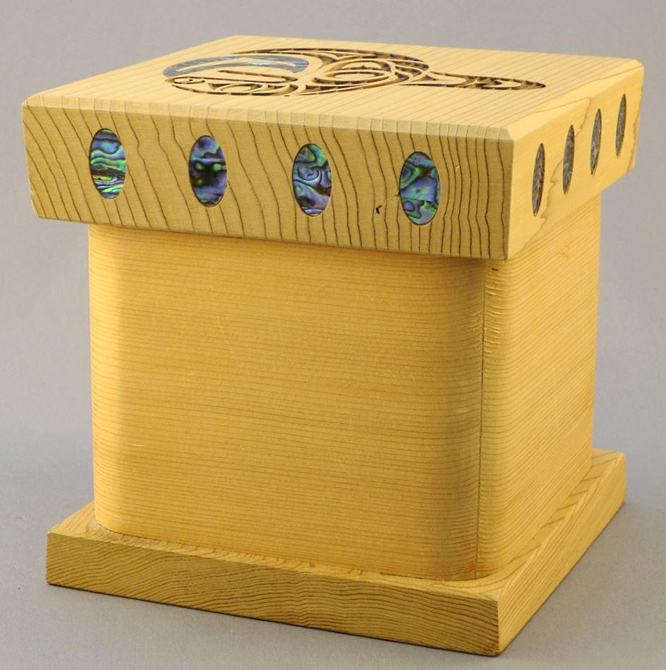 Northwest Coast Bent Wood Box, Laser Engraved & Abalone Inlaid, Unsigned, 5 1/2" x 5 1/4" x 5 1/4". (1 of 2)