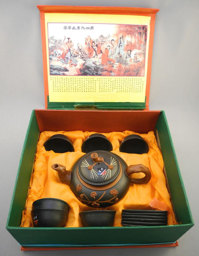 Yixing Pottery Tea Set in Case, case 11 1/4" wide. (1 of 6)