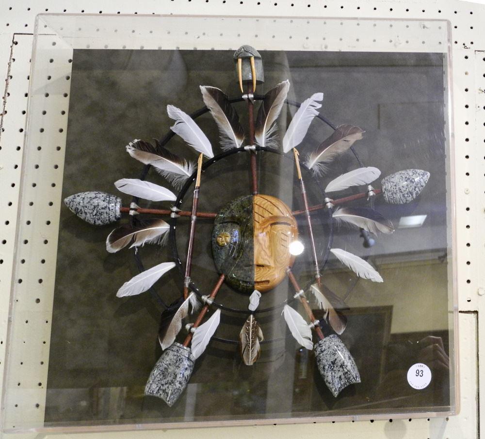 Yup'ik Mask by Robert Johnson in Acrylic Case, mask 16 3/4" x 17 3/4" x 3",: Yup'ik Mask by Robert Johnson in Acrylic Case, mask 16 3/4" x 17 3/4" x 3",