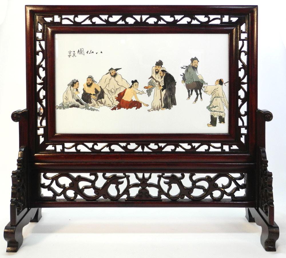 Chinese Silk Embroidery Panel in Rosewood Stand & Case, 28 5/8" W. (1 of 1)