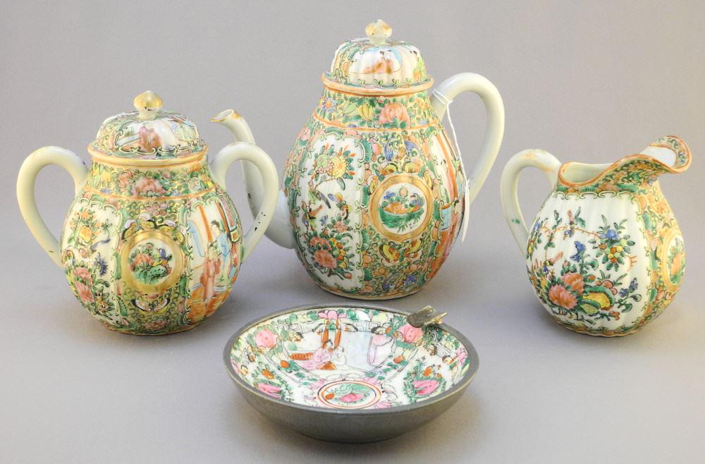 4 Pieces of Rose Canton: Teapot, Cream, Sugar & Ashtray, Teapot 7 3/4" High. (1 of 4)