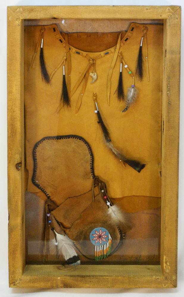 Navajo Hide Tunic & Pouch Mounted in Shadow Box, Feather & Claws Noted, No Export. (1 of 3)