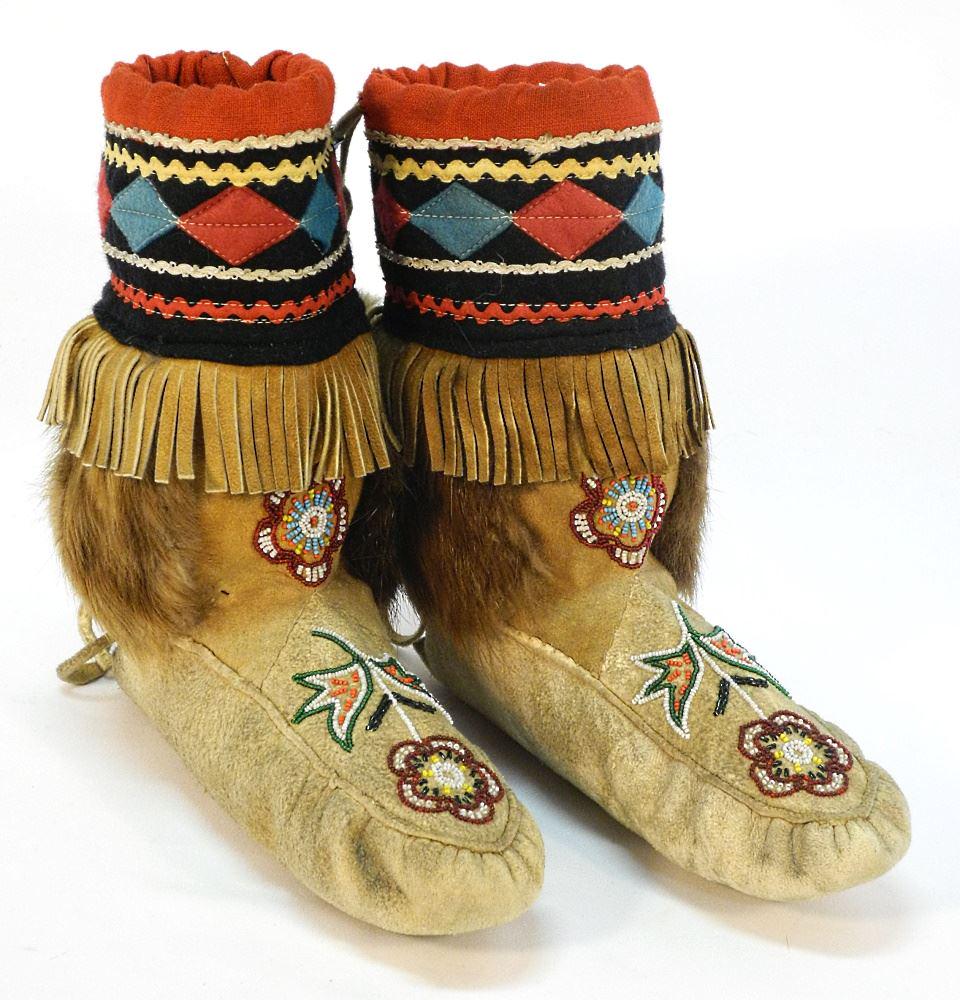 Pair of Tanned Hide/ Fur/ Beaded Boots, "Ross River Y.T.", 11 1/2"H.: Pair of Tanned Hide/ Fur/ Beaded Boots, "Ross River Y.T.", 11 1/2"H.