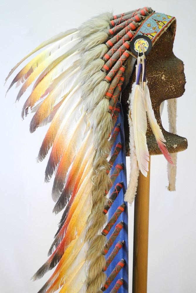 Feather Headdress (64"L) with Beadwork on Stand, 67" Length, No Export. (1 of 6)