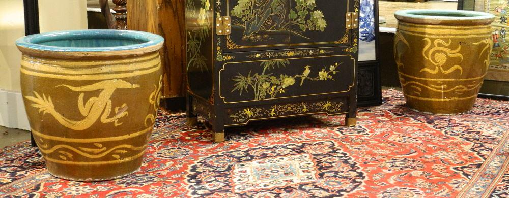 2 Glazed Pottery Egg Crates, 17" & 16 3/4" High, Glaze Colour Differs. (1 of 4)