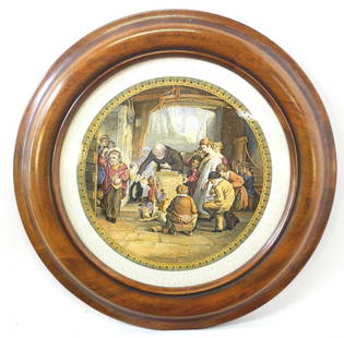 Prattware Wall Plaque Depicting a Schoolhouse, 11 1/4" Diameter.: Prattware Wall Plaque Depicting a Schoolhouse, 11 1/4" Diameter.