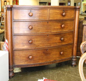 19th Century Mahogany Bowfront 5 Drawer Chest, 44 1/2" High.: 19th Century Mahogany Bowfront 5 Drawer Chest, 44 1/2" High.