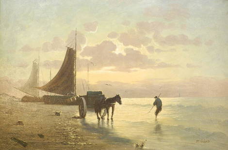 Oil on Canvas Signed M. Schenkel, 23 1/2" x 35 1/2", "Kelp Wagon at Low Tide".: Oil on Canvas Signed M. Schenkel, 23 1/2" x 35 1/2", "Kelp Wagon at Low Tide".