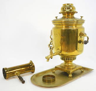 Russian Brass Samovar with Tray & Removable Chimney, 19 1/4" High.: Russian Brass Samovar with Tray & Removable Chimney, 19 1/4" High.