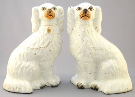 Pair of Staffordshire Pottery Spaniels, 9 3/4" High.: Pair of Staffordshire Pottery Spaniels, 9 3/4" High.
