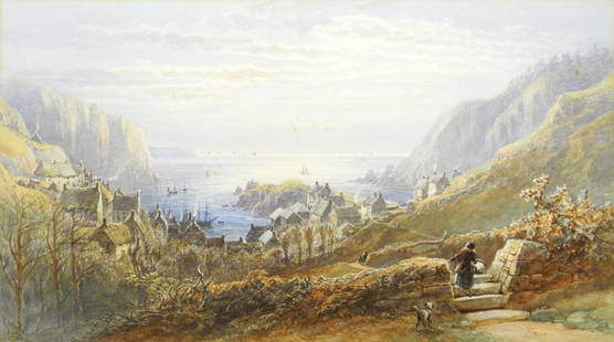 Watercolour Signed T. Hart 1871, 13 1/2" x 24 1/4", "Harbour Scene".: Watercolour Signed T. Hart 1871, 13 1/2" x 24 1/4", "Harbour Scene".