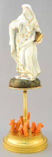Porcelain Figure of St. Catherine On a Coral Mounted Gilt Metal Base, 13 1/8" High.: Porcelain Figure of St. Catherine On a Coral Mounted Gilt Metal Base, 13 1/8" High.