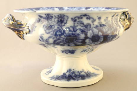 Early Victorian Flow Blue Center Bowl, 6 1/2" x 12 1/2" Wide.: Early Victorian Flow Blue Center Bowl, 6 1/2" x 12 1/2" Wide.