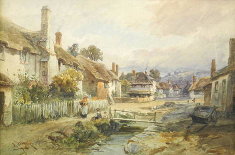 Indistinctly Signed 19th Century Watercolour, 14" x 21", "Village Scene".: Indistinctly Signed 19th Century Watercolour, 14" x 21", "Village Scene".