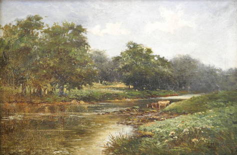 Oil on Canvas Signed L. Morris, 11 1/2" x 17 1/4", "Cows Watering".: Oil on Canvas Signed L. Morris, 11 1/2" x 17 1/4", "Cows Watering".