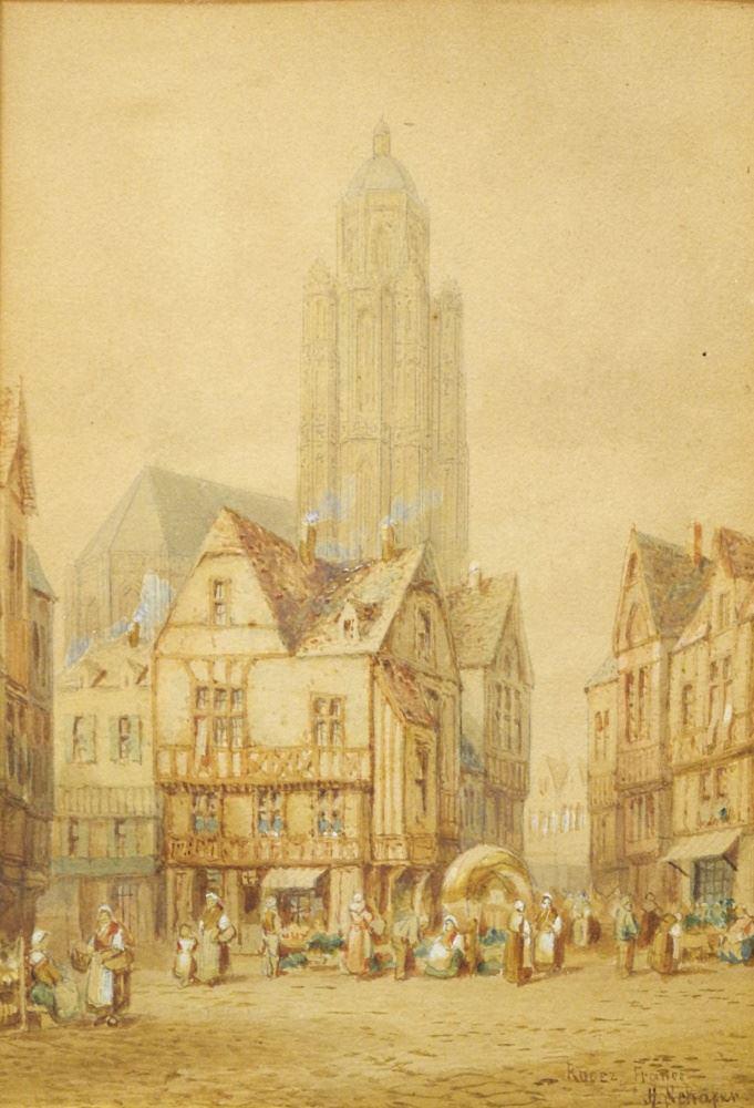 Watercolour Signed H.(Henry Thomas) Schafer, 9 1/2" x 6 1/2", "Rouez", Toning Noted.: Watercolour Signed H.(Henry Thomas) Schafer, 9 1/2" x 6 1/2", "Rouez", Toning Noted.