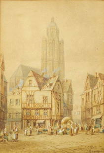 Watercolour Signed H.(Henry Thomas) Schafer, 9 1/2" x 6 1/2", "Rouez", Toning Noted.: Watercolour Signed H.(Henry Thomas) Schafer, 9 1/2" x 6 1/2", "Rouez", Toning Noted.